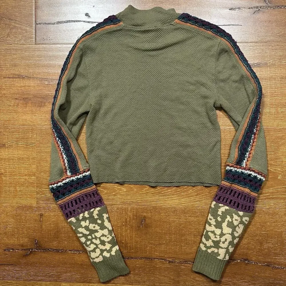 Free People Crop Thermal Shirt Womens S Green Long Sleeve Embroidered Crochet